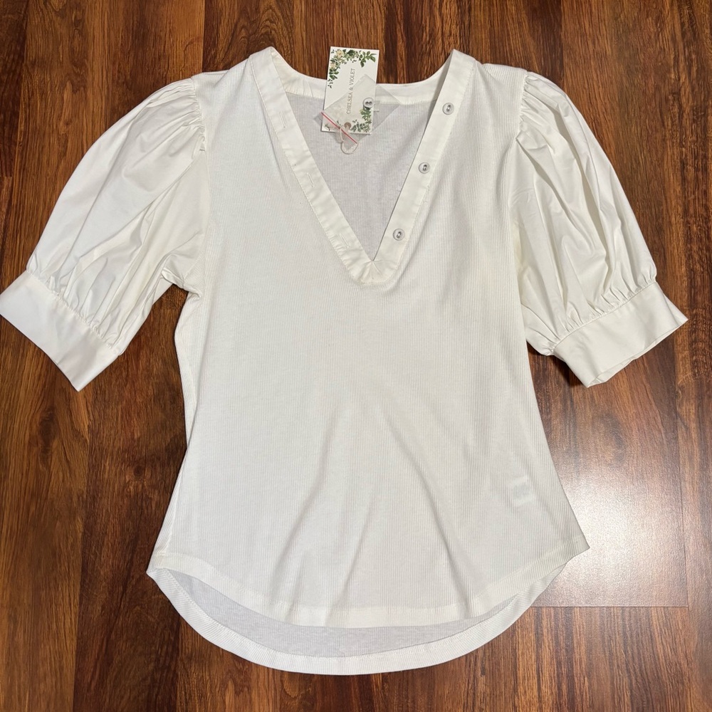 Chelsea & Violet Cream V-Neck Blouse with Puff Sleeves